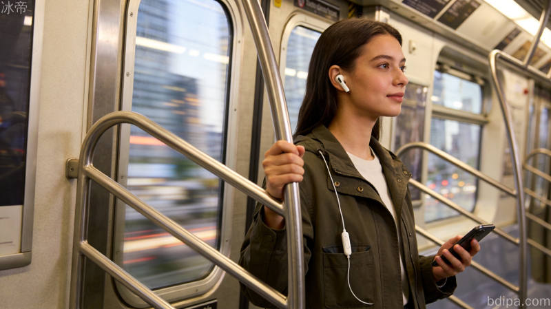 年轻人佩戴蓝牙耳机通勤场景，手持实拍风格，年轻时尚生活化