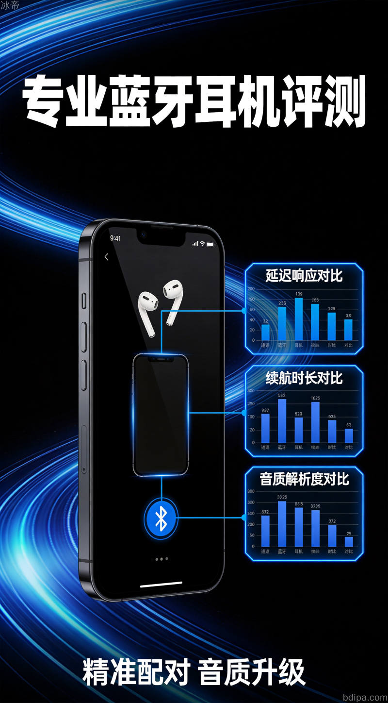 蓝牙耳机与手机配对界面，参数对比图表展示，科技未来感暗黑风格