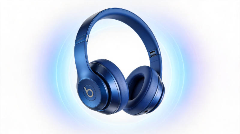 蓝牙耳机产品特写，开放式设计简约白色风格，科技光效环绕