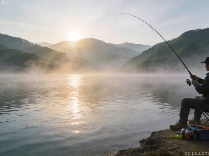 初夏湖边钓鱼场景，钓鱼人静坐岸边享受垂钓乐趣