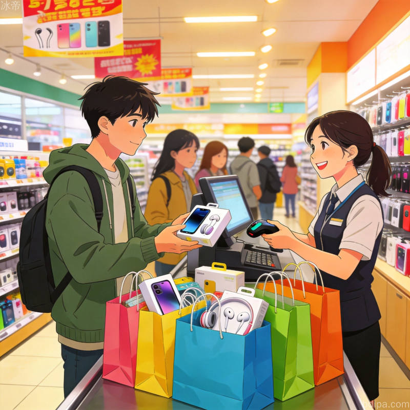 数码产品商品展示区堆满手机充电宝等数码好物，体现618数码产品促销力度