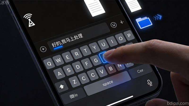 Windows和iOS双设备文件传输场景,笔记本电脑和手机屏幕显示微信输入法界面,空气中的无线传输箭头和文件图标展现跨设备传输