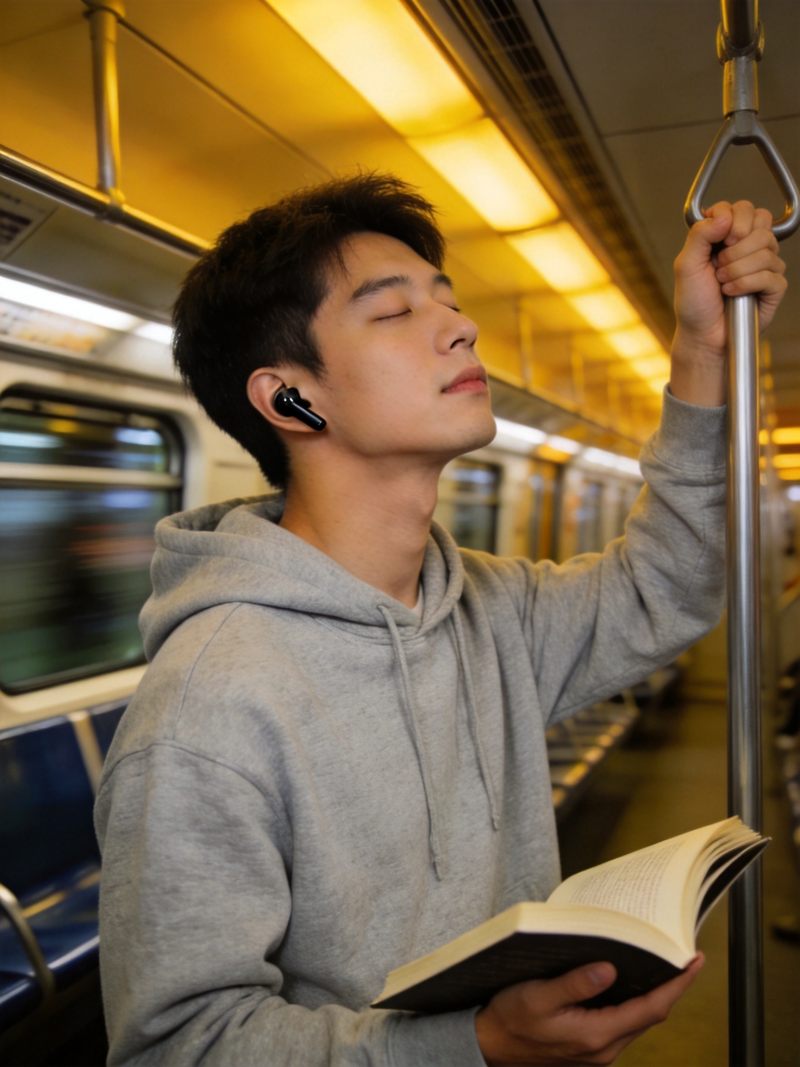 男生在地铁通勤场景下佩戴入耳式降噪耳机，城市地铁车厢背景，暖色调生活化场景，展现数码产品融入日常通勤生活的氛围感配图