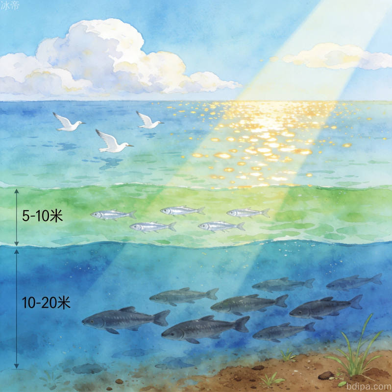 夏季湖泊水体分层结构示意图，展示上层温暖、中层适温、下层凉爽的水温分布及鱼群分布规律