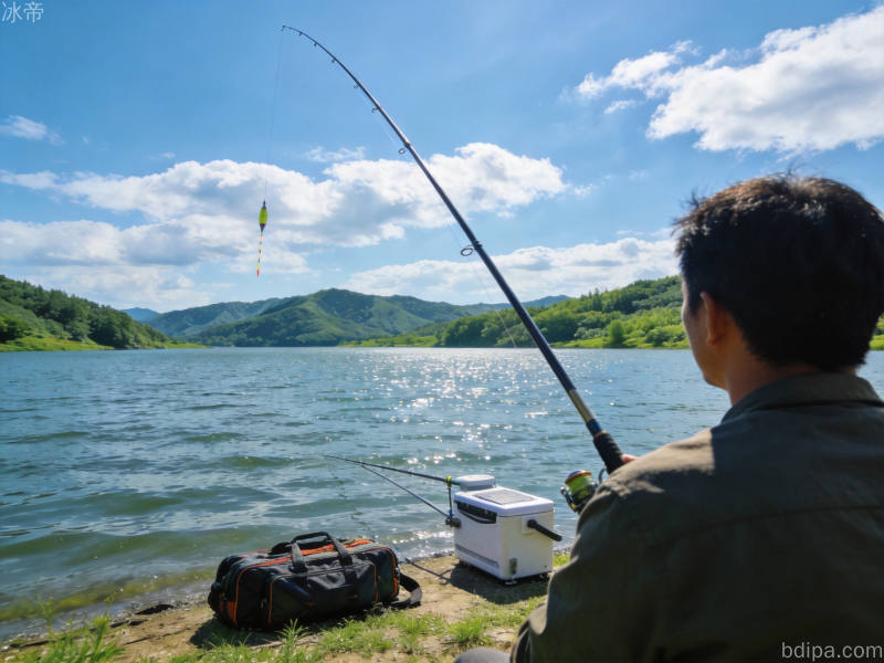 夏季野钓场景：鱼竿插入水面，远景湖面波光粼粼，岸边钓箱和渔具包，钓鱼人专注观察浮标背影，远处青山绿水，蓝天白云