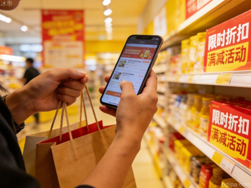 数码产品展示区陈列着手机、耳机、充电宝等商品,价格标签和折扣信息清晰可见
