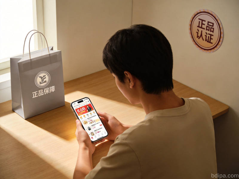 网购正品保障:购物车与正品标签元素组合,体现安全购物理念