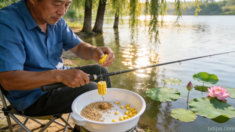 夏季钓鱼饵料对比图，展示清淡素饵与腥味饵料的区别，适合不同水温环境的饵料选择方案