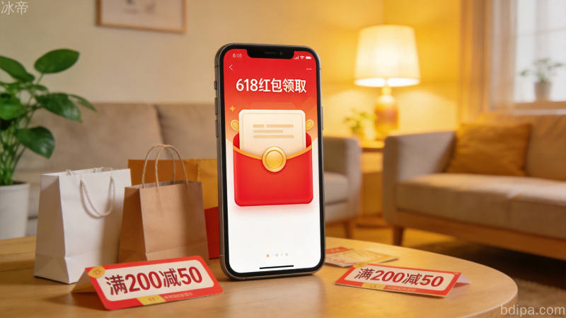 618活动时间轴与优惠标签信息图表，清晰展示开门红、高潮期、满减规则