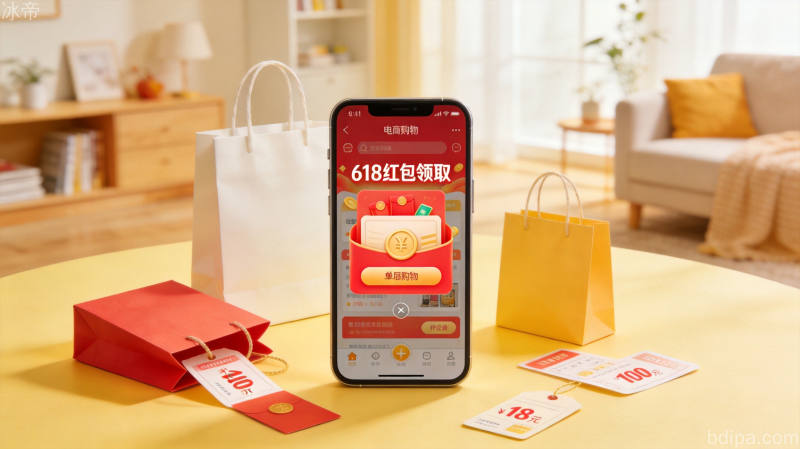 家电数码产品促销场景，手机空调等商品与优惠价格标签，实惠购物氛围