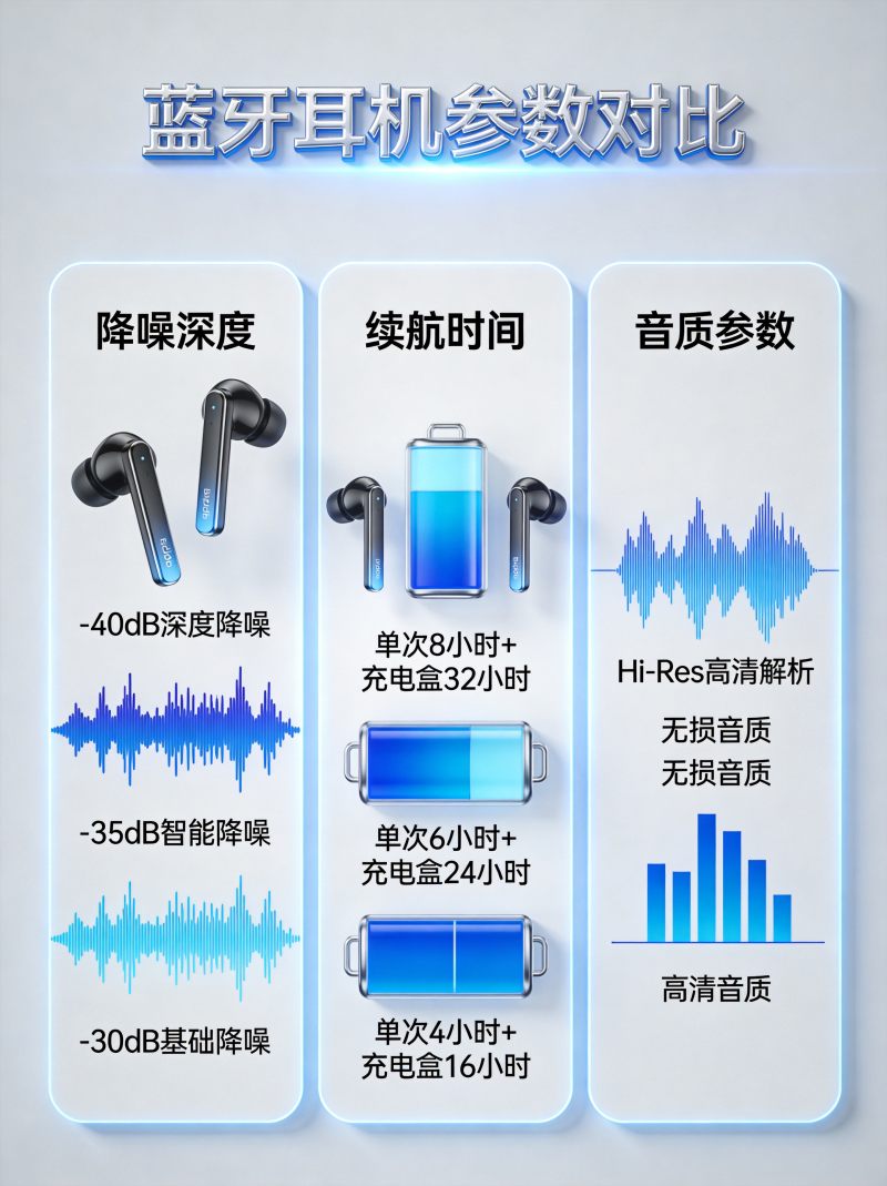 蓝牙耳机参数对比图表，展示降噪深度、续航、编码格式等核心参数对比