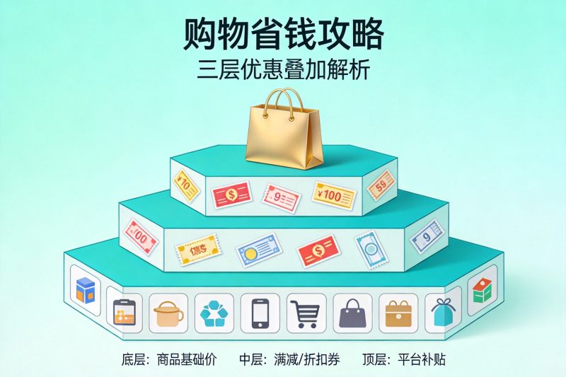 购物省钱攻略优惠叠加示意图,三重福利叠加展示
