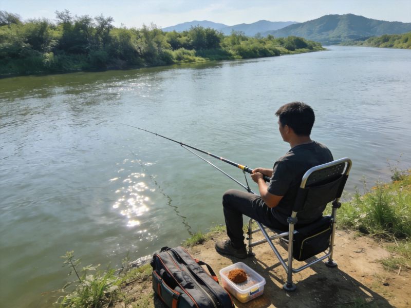 野河边钓翘嘴场景，钓友坐在钓椅上持竿作钓，水面波光粼粼背景是葱郁河岸