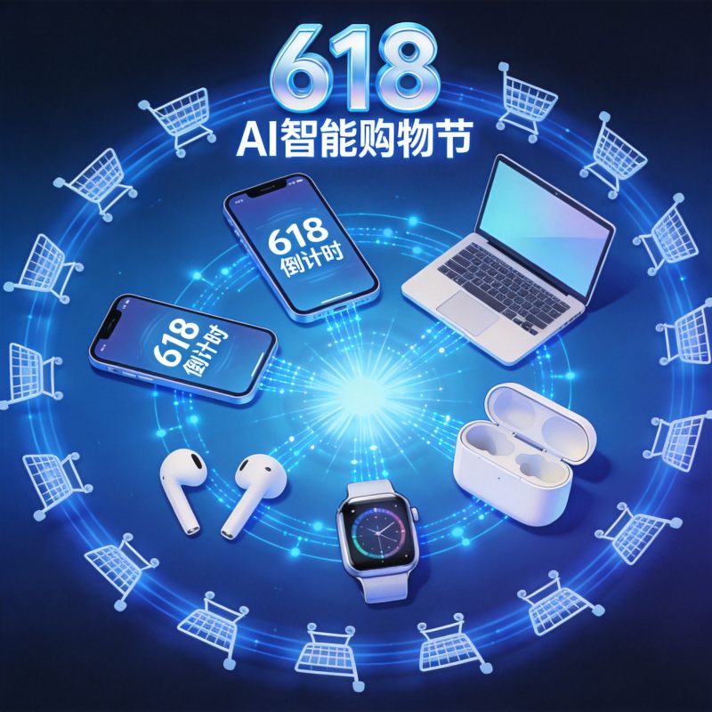618购物节AI数码产品数据图表,渐变光效科技蓝,购物车图标
