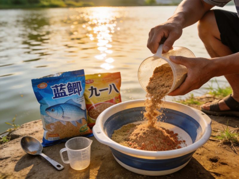 钓鱼窝料制作场景,酒米配制过程,大米加入白酒红糖发酵制作钓鱼窝料实物展示