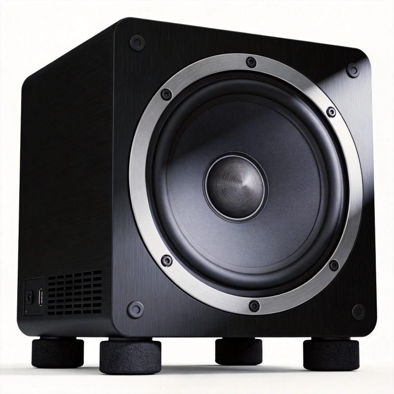高端桌面HiFi音箱特写,黑色铝合金箱体专业音频设备