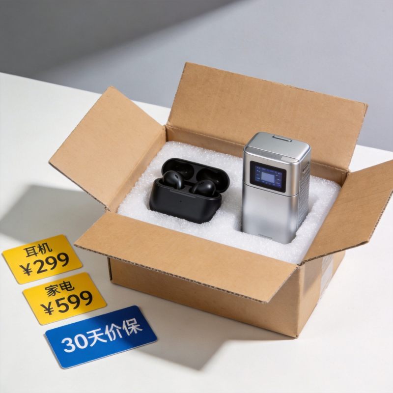 拆开的快递包裹内展示新款耳机和家电产品，旁边有价格标签和价保服务凭证