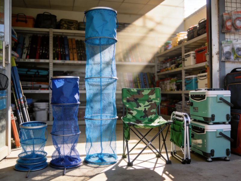 渔具店实拍:蓝色尼龙鱼护与绿色迷彩钓椅折叠钓箱夏季户外场景