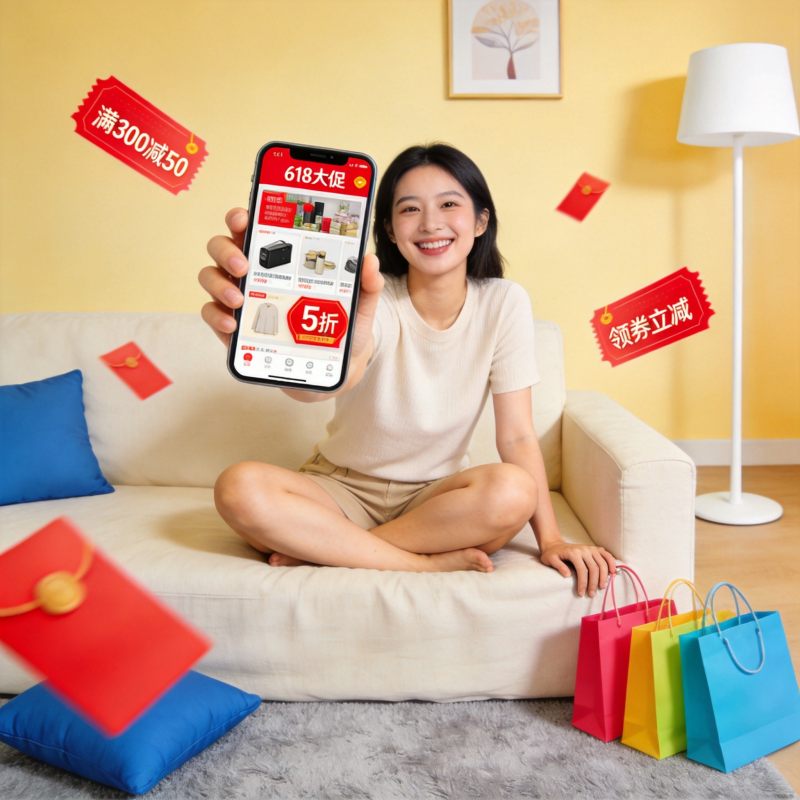 年轻女性在沙发上浏览618购物APP，屏幕显示大促折扣标签和优惠券元素