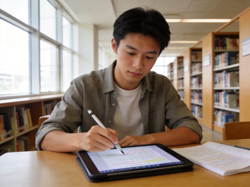 大学生在明亮的图书馆中使用平板电脑进行学习和记录课堂笔记