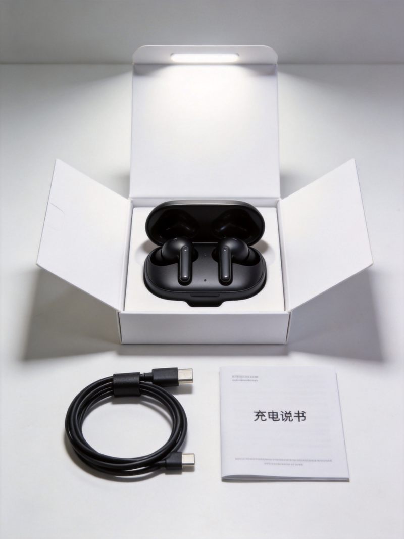降噪蓝牙耳机专业评测展示，桌面平铺专业摄影风格