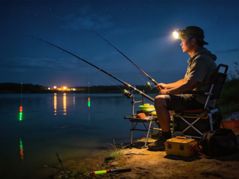 夏季夜钓场景，专业钓友装备齐全坐于湖边
