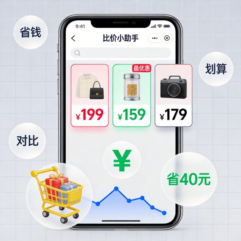 网购比价技巧：多个购物平台比价界面，手机屏幕上显示价格对比信息