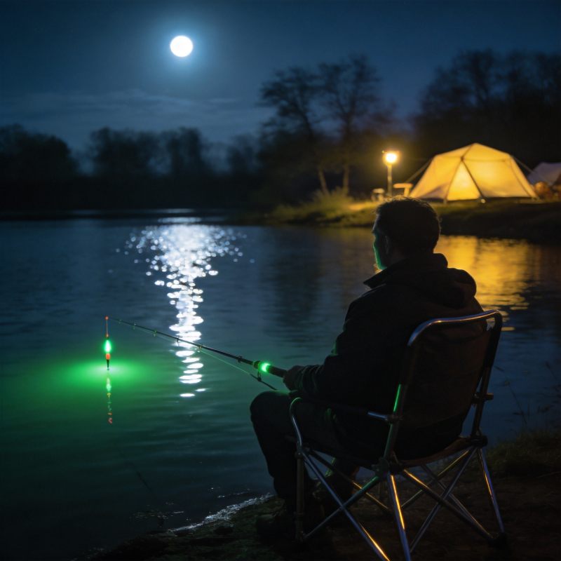 夜晚湖边夜钓场景,荧光浮漂在月光湖面发出绿光