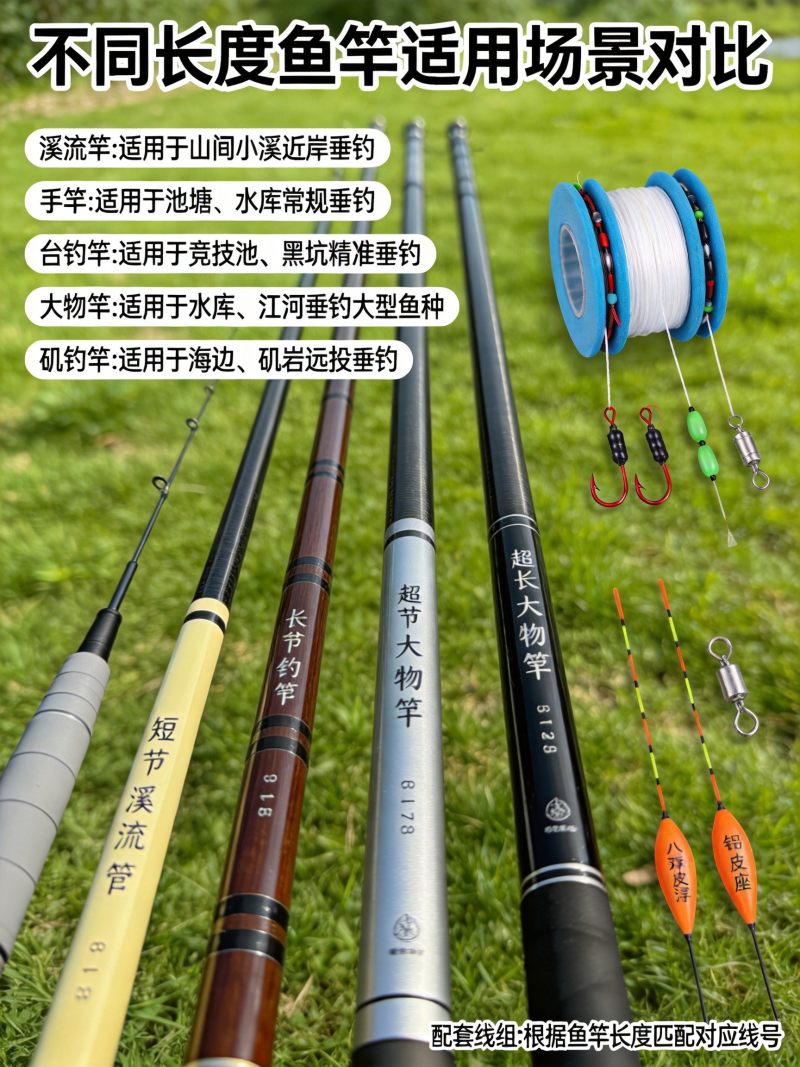 多根不同长度鱼竿并排对比选择