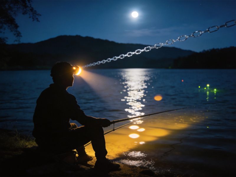 夏季湖边夜钓场景月光下钓鱼人剪影