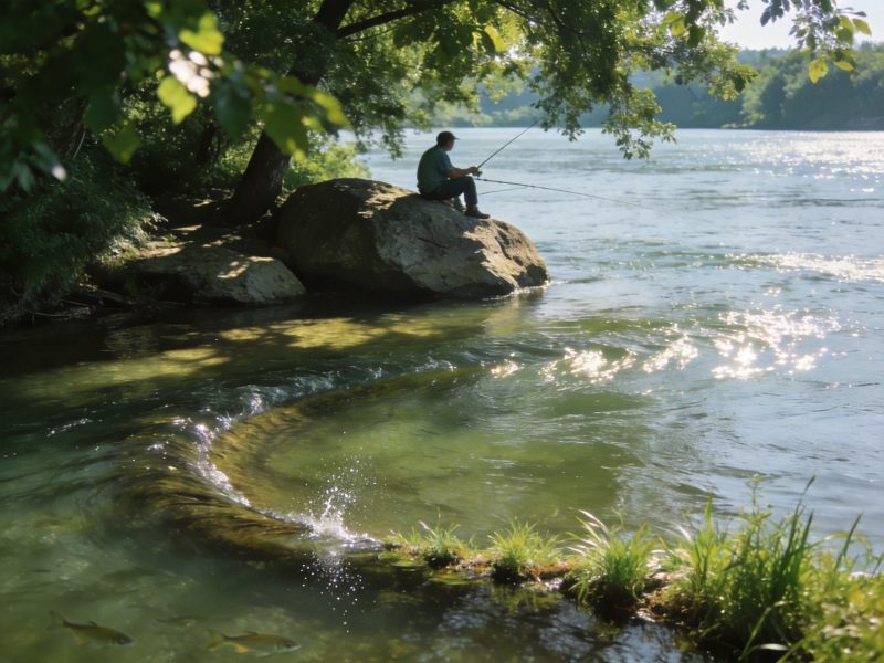 盛夏河道树荫下洄水湾垂钓场景