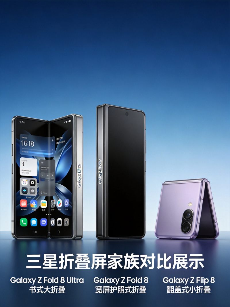 三星三款折叠屏手机并排展示对比：Z Fold 8 Ultra、Z Fold 8宽屏版和Z Flip 8翻盖式小折叠