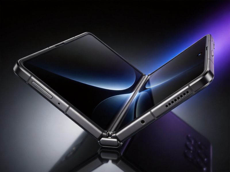 三星Galaxy Z Fold 8 Ultra折叠屏手机展开状态产品特写，深邃太空灰配色搭配科技光效