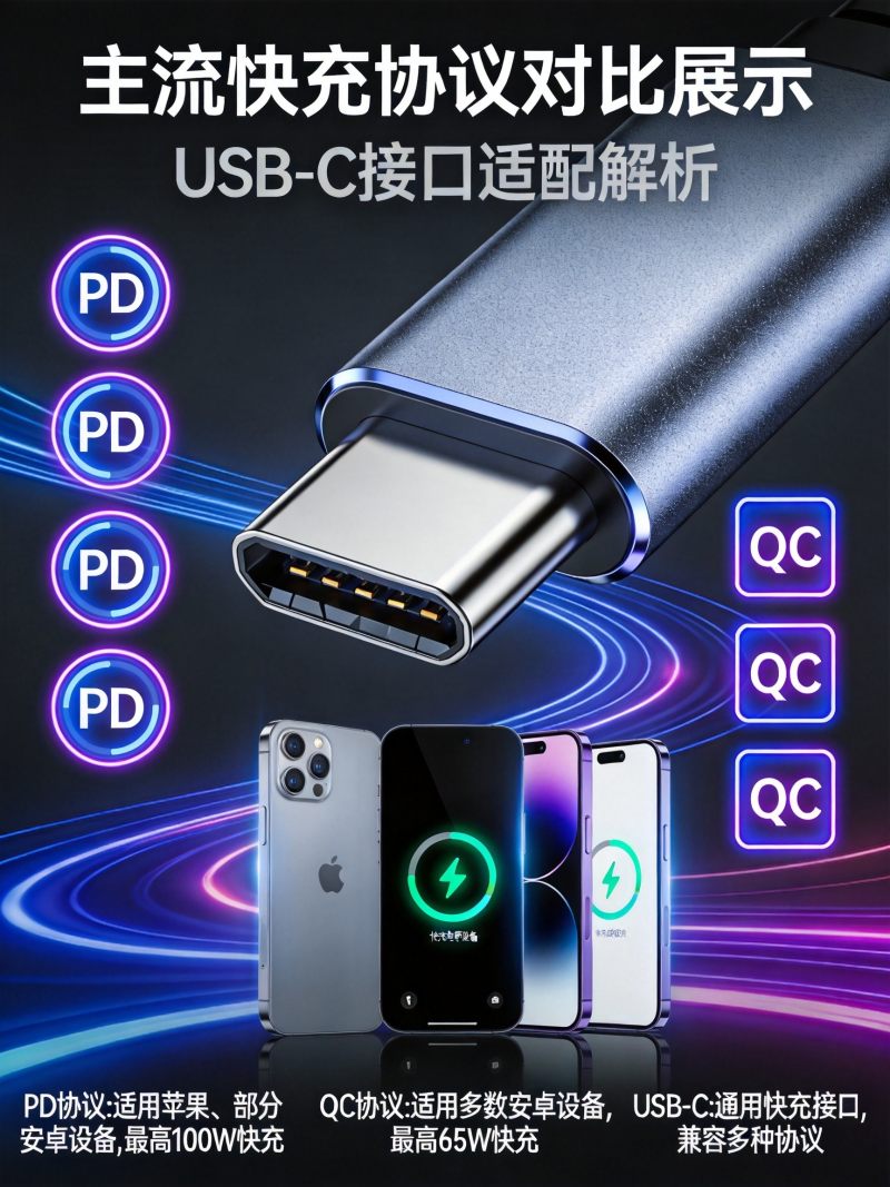 USB-C快充接口与PD、QC等主流快充协议标识对比展示