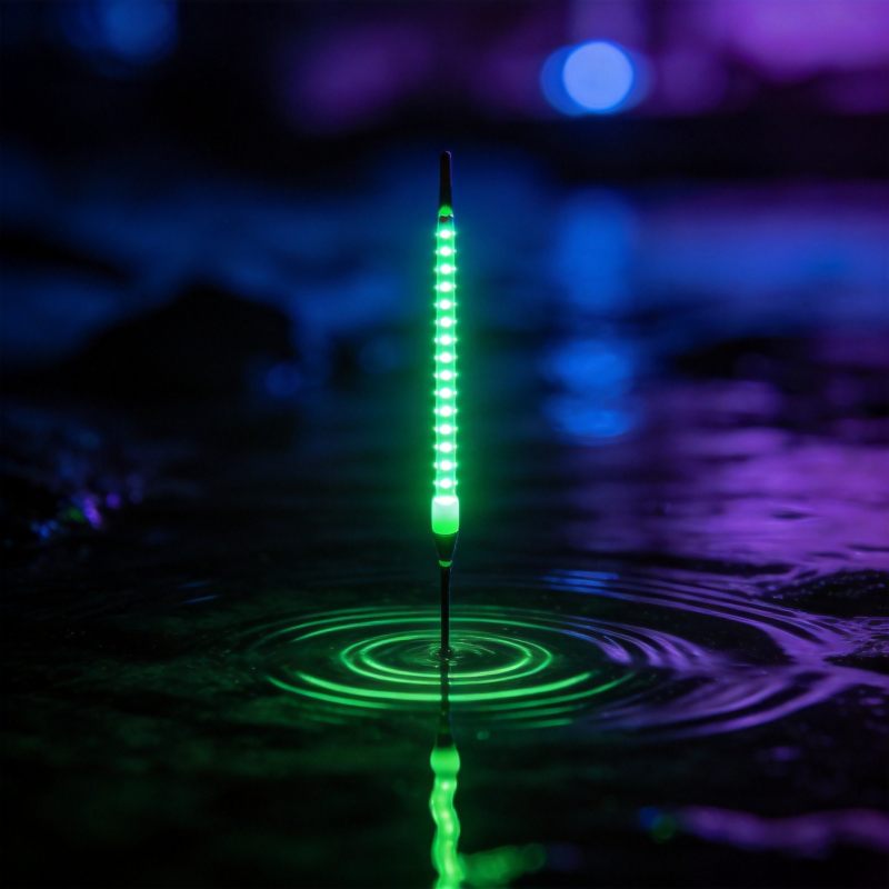 电子夜光浮漂水面特写漂尾发出绿色荧光