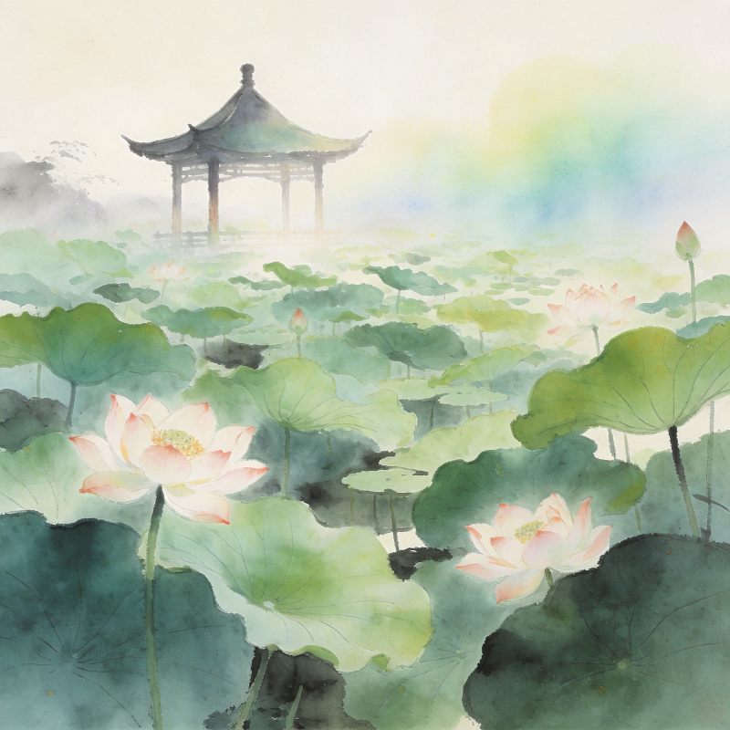 三伏天荷塘竹亭清凉意境水墨画