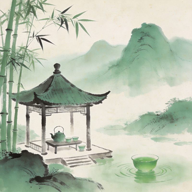 三伏天山间竹亭品茶消暑场景水墨画