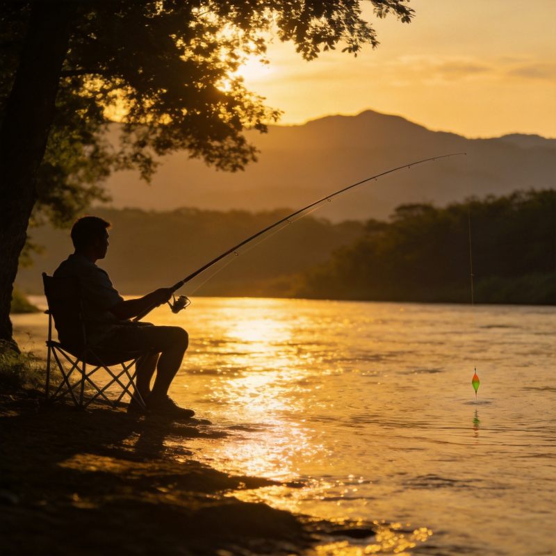 夏日傍晚河边树荫下钓手坐折叠椅守竿金色夕阳光线
