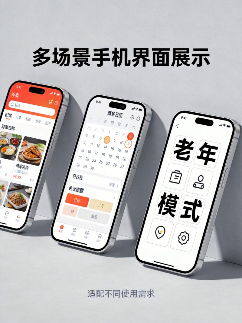 三款手机并排展示不同使用场景界面对比