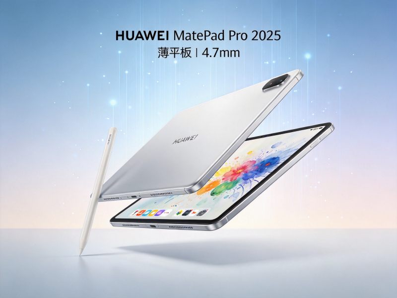 华为MatePad Pro 2026超薄平板电脑产品展示,银白色机身搭配手写笔