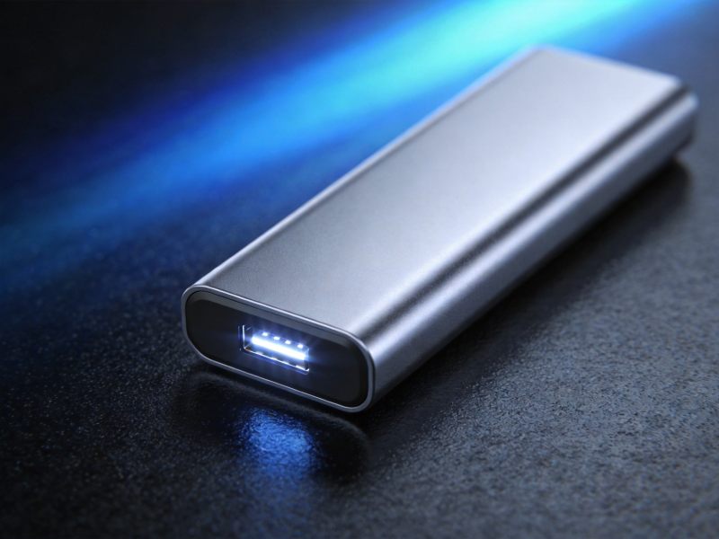 银灰色金属充电宝产品特写可见LED电量指示灯