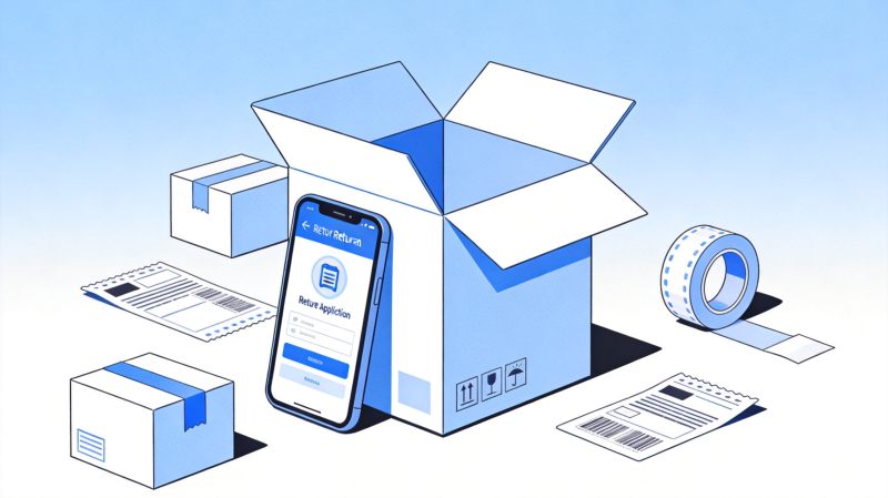 网购退货退款场景示意图,展示快递箱与退货申请流程