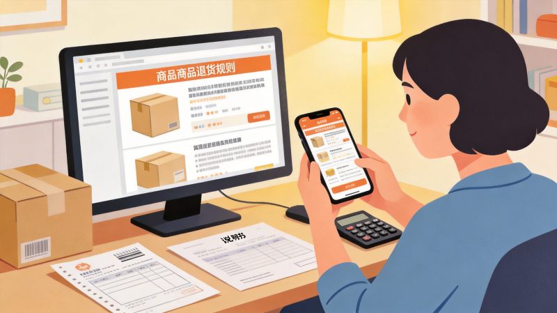 消费者在电脑前对比商品退货政策与维权路径