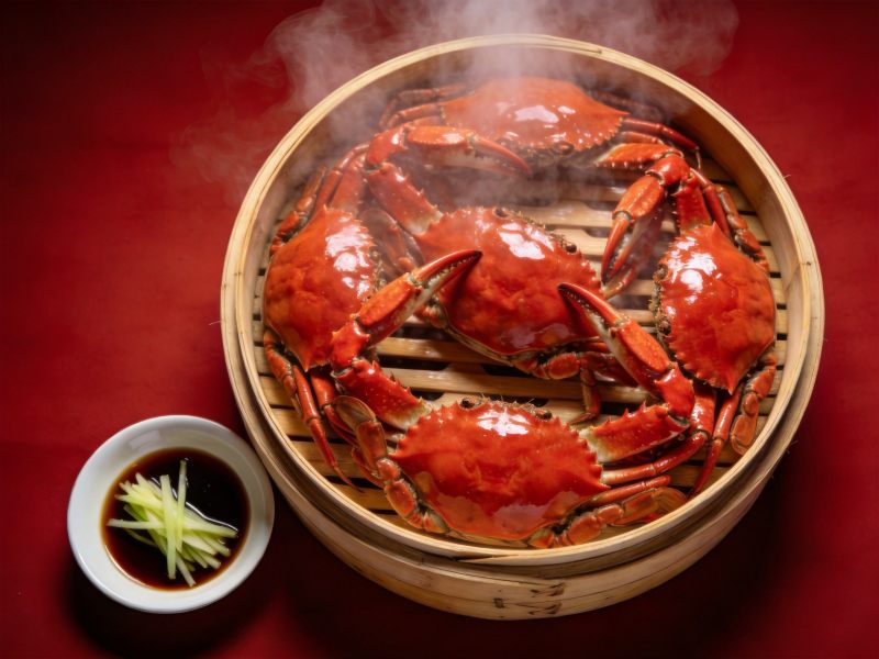 蒸笼里红亮熟大闸蟹配姜丝醋碟