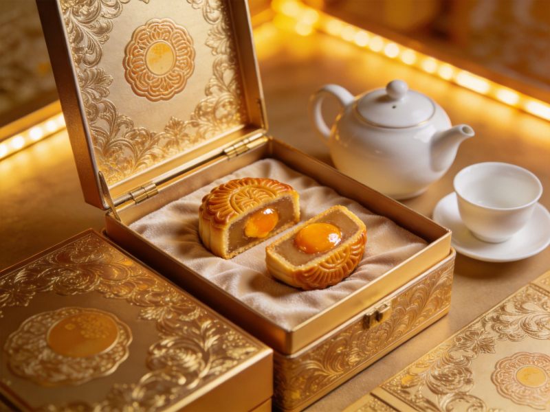 金黄双黄莲蓉月饼礼盒配茶具特写