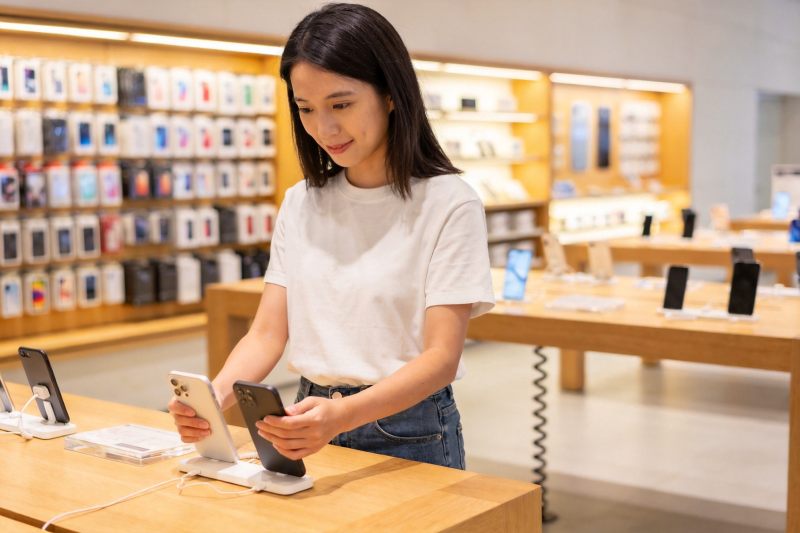 手机门店顾客对比两款机型价格