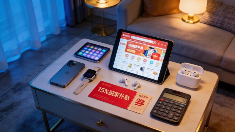 手机平板手表与国补优惠券陈列特写