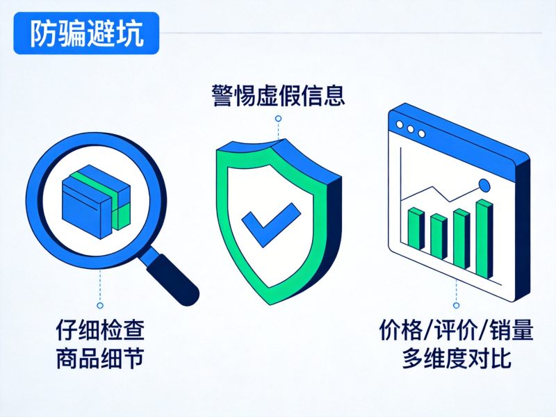 理性消费防骗指南，放大镜检查商品与盾牌防护，展示网购避坑技巧